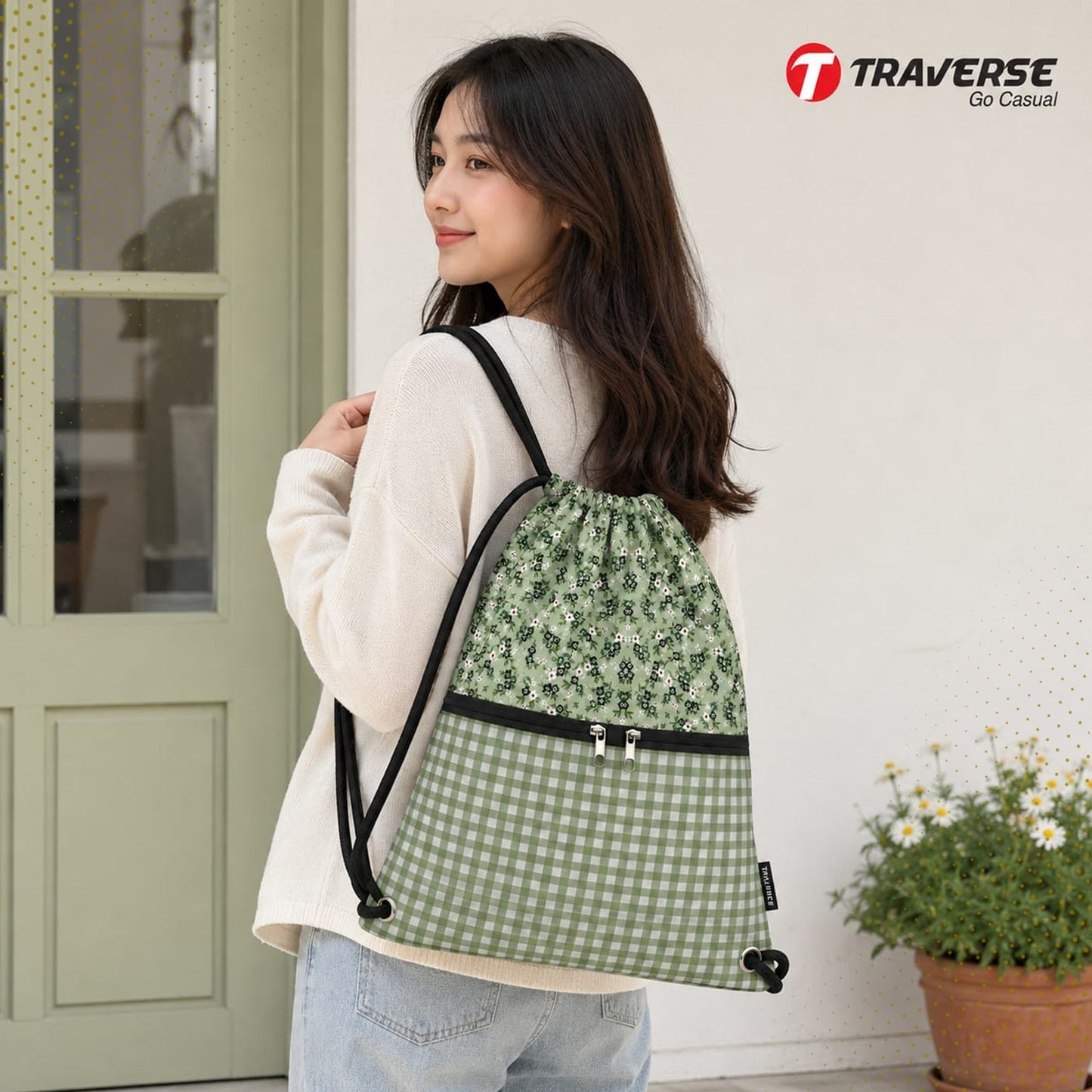 Traverse green floral zipper drawstring