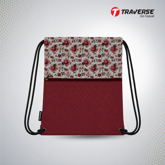 Traverse red velvet floral zipper drawstring